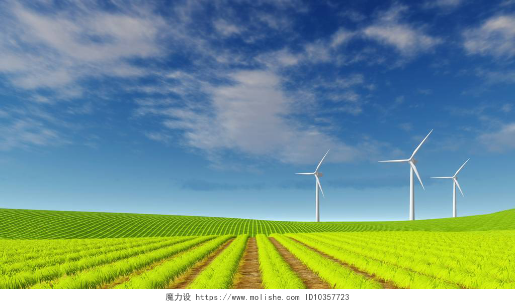 蓝天下的农作物景观生态农业领域的风力发电机